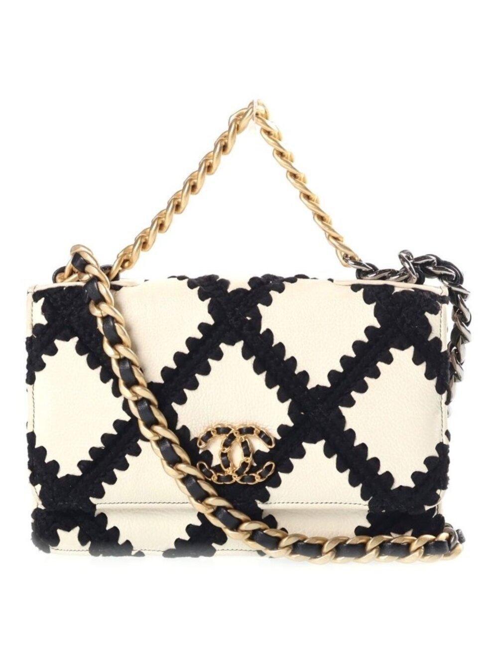 Chanel 19 Chain Wallet Shoulder Bag White Black Clochette Calfskin Gold